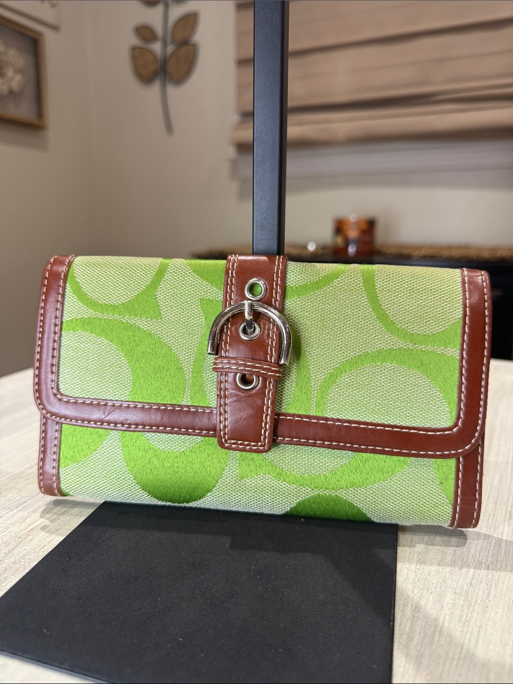 Source Unknown Monogram Green Canvas Clutch with Brown Leather Trim